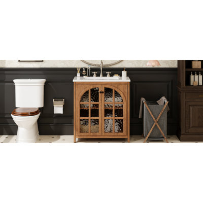 Meuble-lavabo antique de 31 po avec lavabo, tablettes réglables, portes à fermeture en douceur, verre trempé sécuritaire, poignées en bronze, modernisez votre espace de rangement rectangulaire en céramique de 31 pouces, charnières,