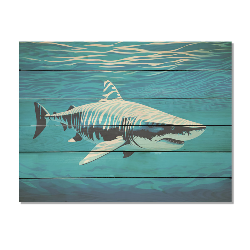 Tiger Shark Territory - Shark Wood Art On Natural Pine Wood, 30" H x 40" W