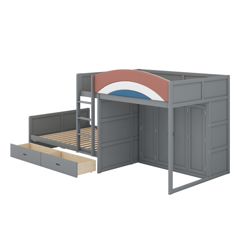Multi-Functional Offset Bunk Bed Featuring Wardrobe, Drawers, Upholstered Guardrail, and Hanging Rod System, Gray