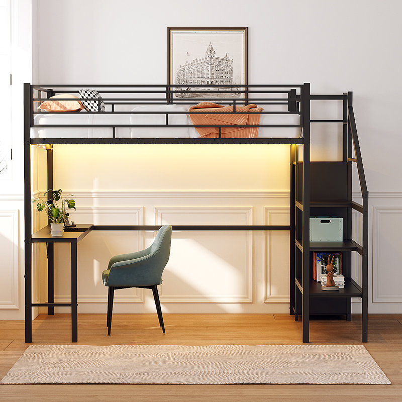 Full Black Metal Loft Bed With Desk,2 Charging Station,LED Light,Heavy Duty,Staircase,Wardrobe
