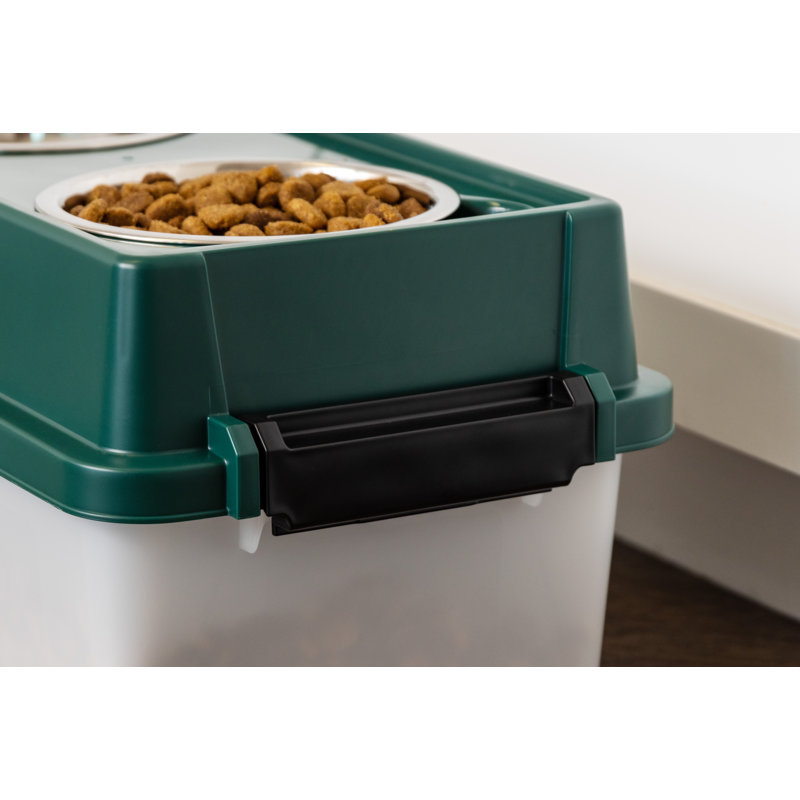 Green Elevated Dog Feeder with Airtight Storage and Stainless Steel Bowls
