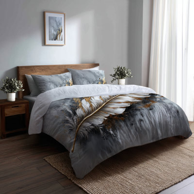 Luxe Feather With Gold Tips 5 Pcs Bedding Set - Modern Duvet Cover And Throw Pillow Set