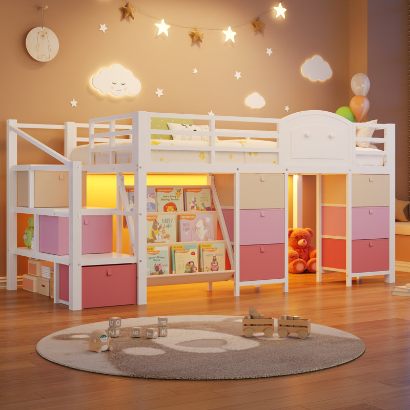 Low Loft Bed Twin Size with 9 Storage Drawers, Bookcase & LED Lights, Metal Kids Loft Bed with Stairs and Guardrail
