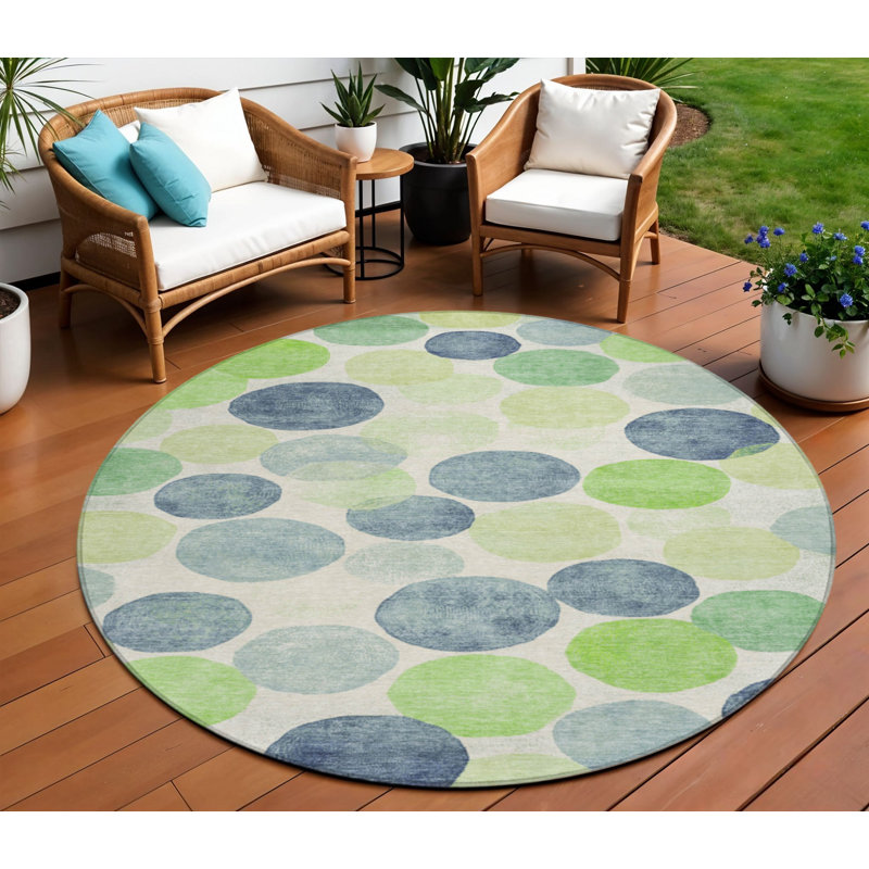 Tapis intérieur / extérieur rond lavable 8 pi bleu lime et ivoire