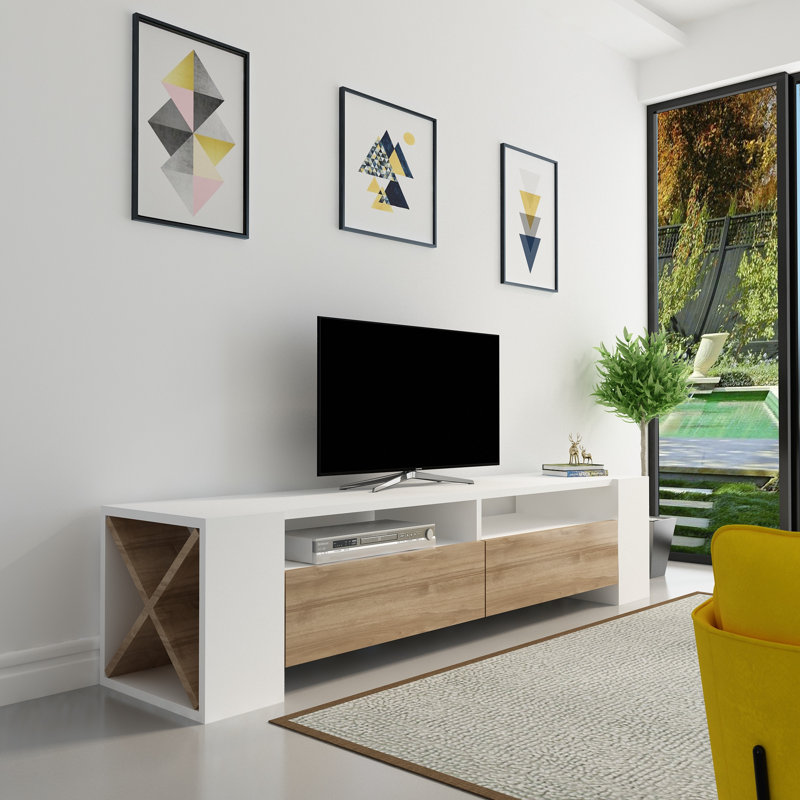 Modern TV Stand with Multiple Shelves, Walnut & White, 61.0 x 13.8 x 13.8 inches | 100% Melamine Coated Particle Board, Thickness: 0.7 inches | Stylish Storage Solution for Living Room & Entertainment Spaces