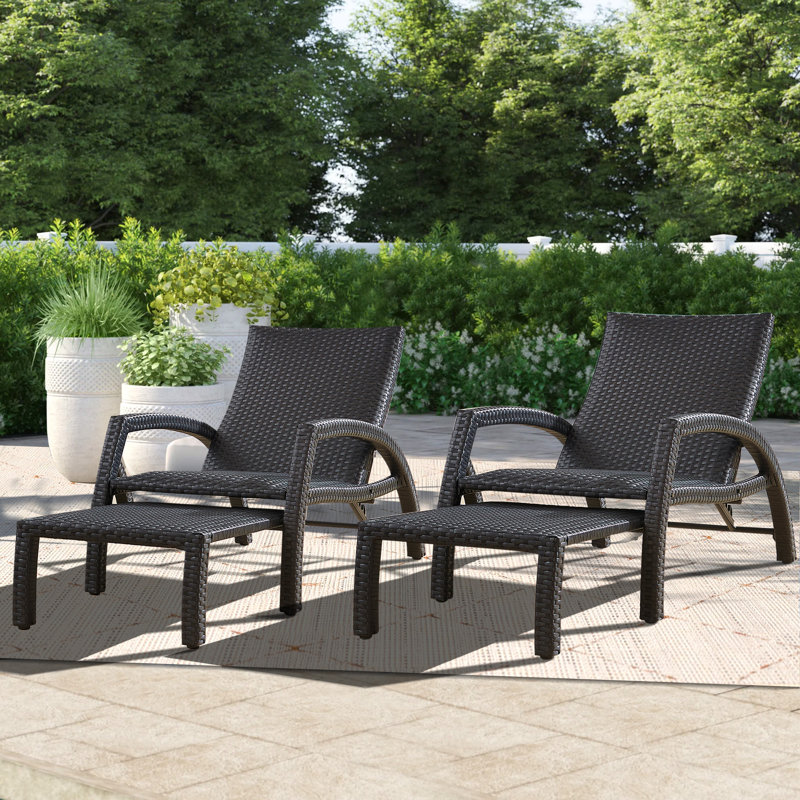 Haverhille Outdoor Wicker Chaise Lounge Set with Retractable Ottoman