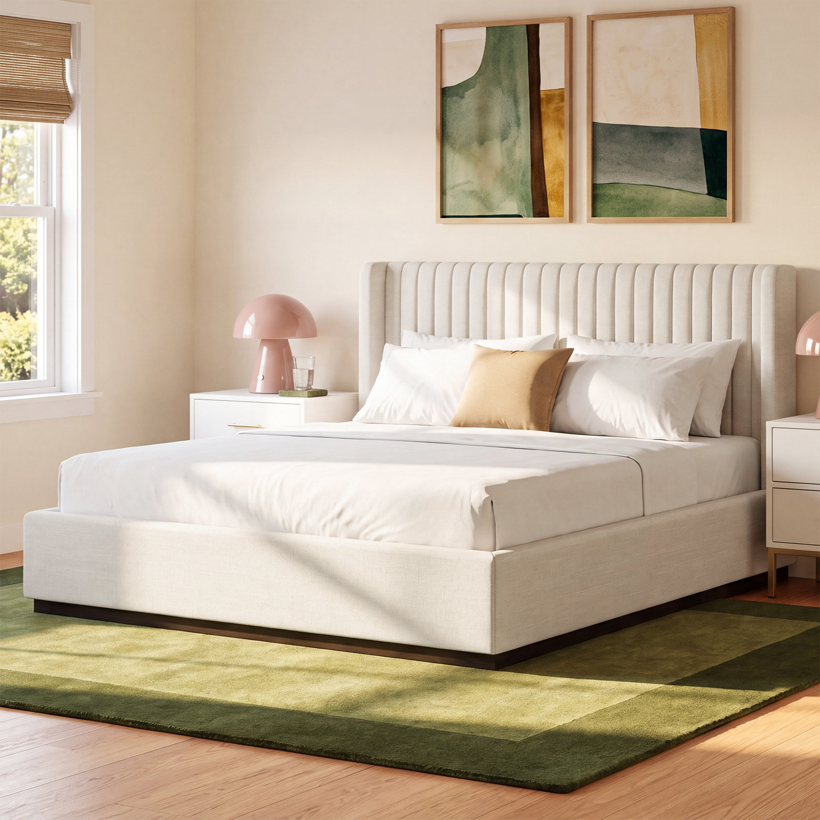 Chamblis Upholstered Wingback Bed, Cream Linen Textured Fabric, King