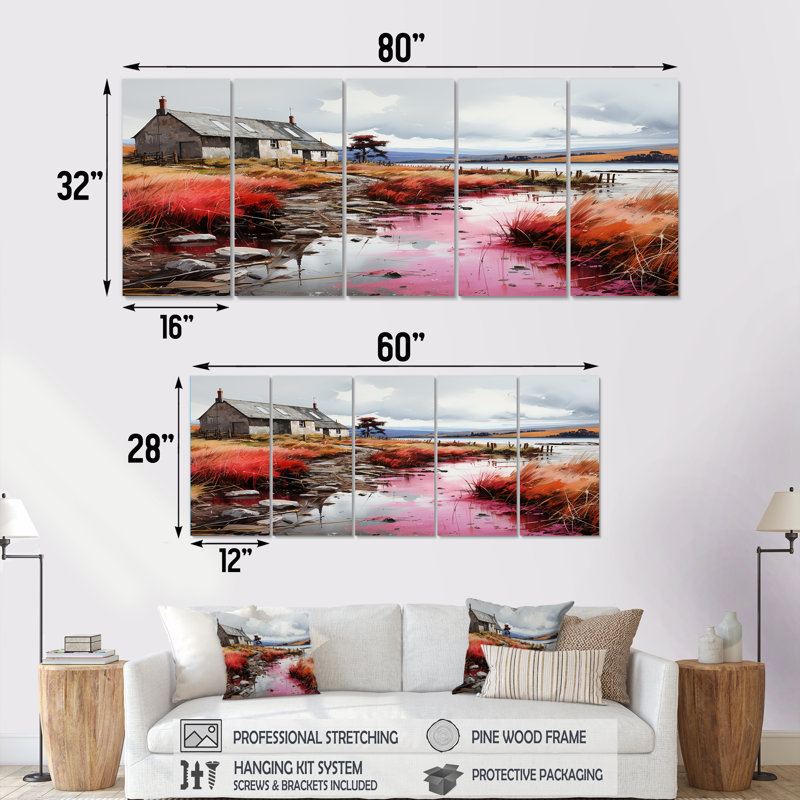 Meadow Cottage At The Pond III - Landscape Cottage, art mural 5 pièces, H 32 po x l 80 po