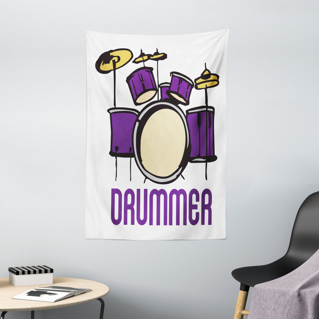 Wandbehang Long Font Drummer Wording mit Cartoon-Stil Grafiken Instrument Silhouette