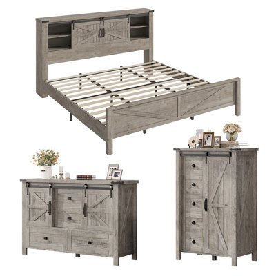 3 Pieces Farmhouse Bedroom Set, King Size Bookcase Bed Frame, 5 Drawer Dresser, 4 Drawers Dresser,Gray