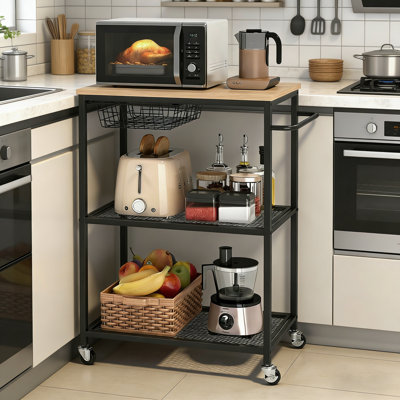3-Tier Black Rolling Kitchen Utility Cart – Lockable Wheels – Metal Frame & Wooden Tabletop – Storage Basket for Kitchen Island, Coffee Bar, Office, Living Room – Colour: Black