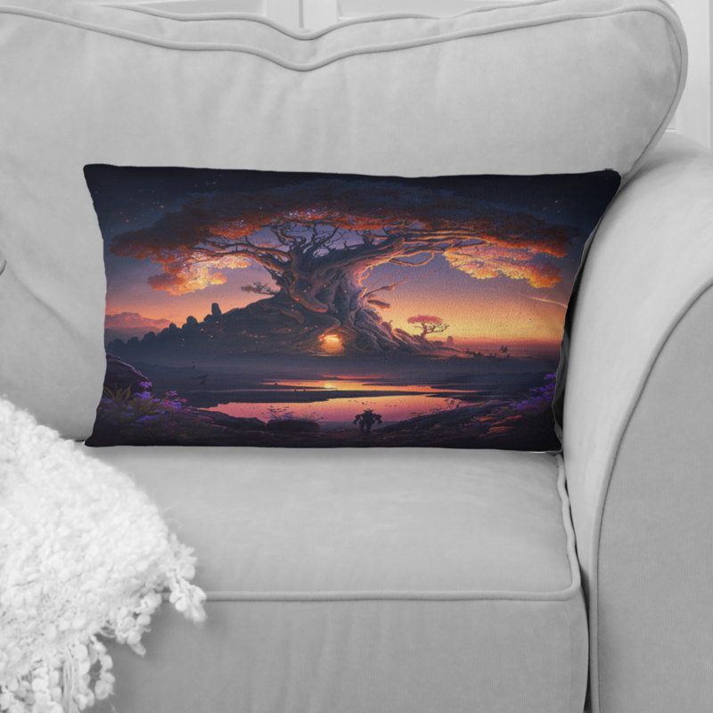 Coucher de soleil sur un bonsaï au bord du lac II - Coussin décoratif imprimé arbre