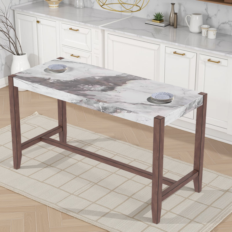 Table de bar rectangulaire à hauteur de comptoir avec plateau en faux marbre pour la cuisine et le salon, Blanc