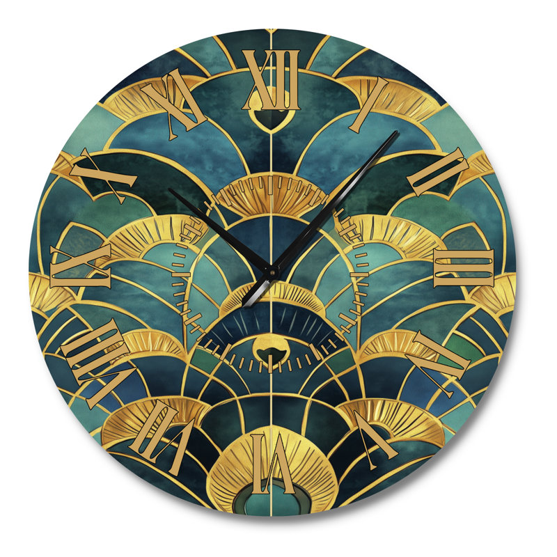 Horloge murale glamour en métal bleu sarcelle doré avec motif de paon, Grand