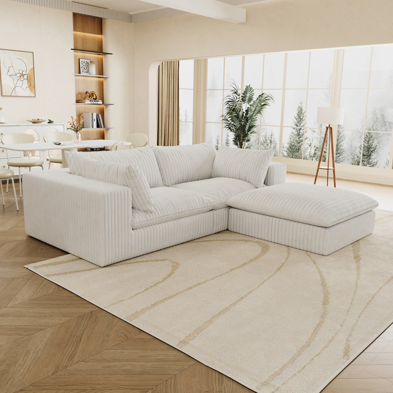 Siège profond en velours côtelé blanc de 39,8 po avec conception modulaire, double couche, coussin amovible, bricolage pour différents réglages, siège rembourré de plumes, nuage à compression haute densité, sans assemblage, combinaison