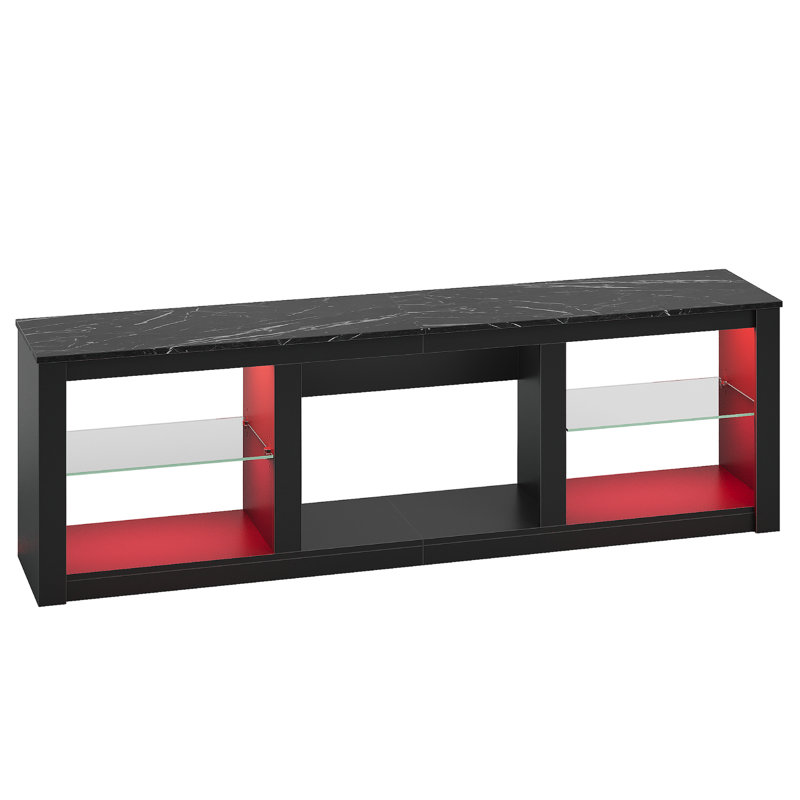 Kruszewski 70" TV Stand Fits TVs Up To 75" with LED Lights Glass Shelves and Open Storage, Black