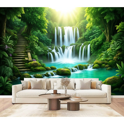Papier peint adhésif pelez et collez, escalier en pierre à plusieurs niveaux, cascade de pierre, Sunlit Paradise, murale, 69 po x l 96 po, amovible, papier mural en PVC, décoration murale auto-adhésive pour chambre à coucher, bureau à domicile