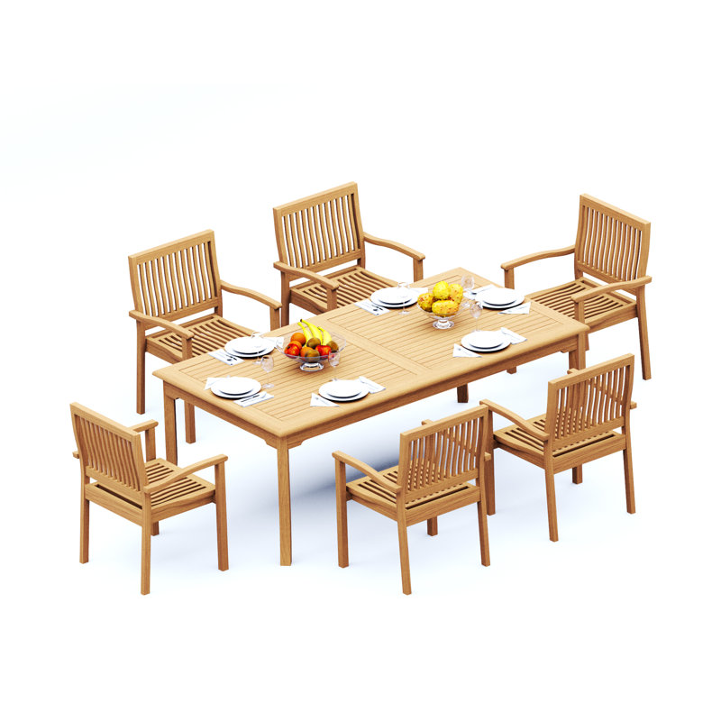 Ensemble de salle à manger 7 pièces en bois de teck de qualité A: table rectangulaire de 83 po et fauteuils empilables Leveb # 11LV1806