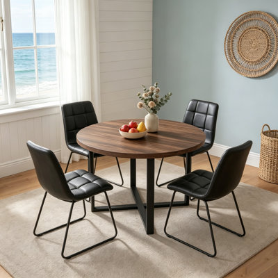 5-Piece Round Dining Table Set With 4 Dining Chairs, Kitchen Dining Table Group With Cross Metal Base