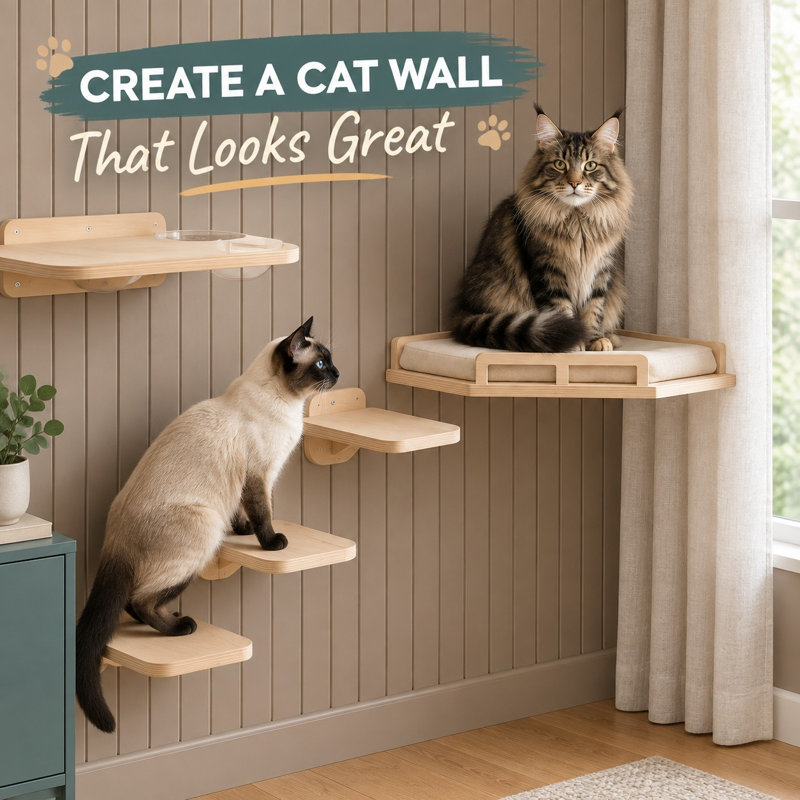 Lot de 3 escaliers muraux en bois naturel pour chats d'intérieur jusqu'à 7 kg ; petites tablettes sûres et robustes pour grimper et jouer.