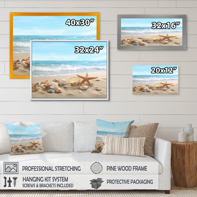 Étoile de mer et coquillages V - plage moderne, art mural sur toile, Cadre simple noir, H 12 po x l 20 po x P 1 po