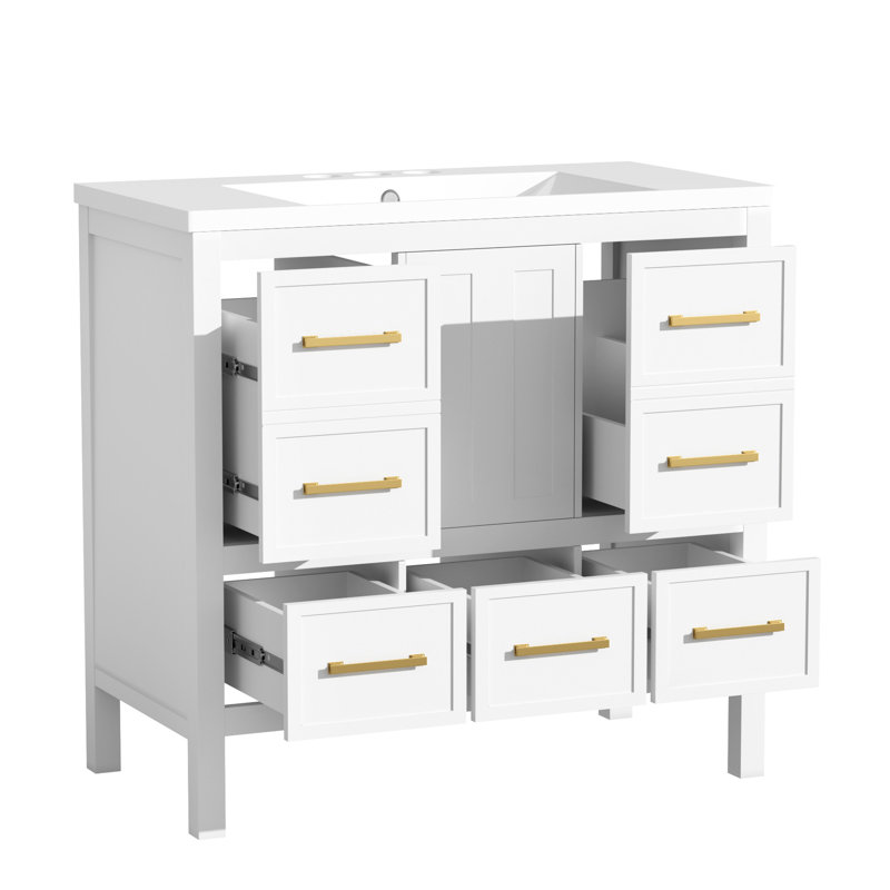 Meuble-lavabo de salle de bain 36 po - Lavabo en bois massif et résine 5 tiroirs Harmonious, Blanc