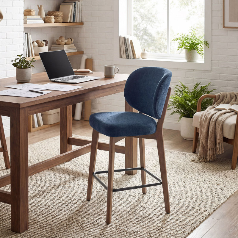Mid-Century Modern Counter Stool, Fabric Upholstered Barstool with Wingback, Armless Counter Height Bar Stool With Wood Legs, Metal Footrest, For Kitchen Island Bar Counter, Navy, Single