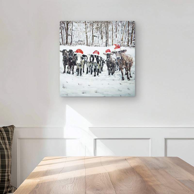 Curious Christmas Cows - Rustic Brown Metal Print for Home Decor