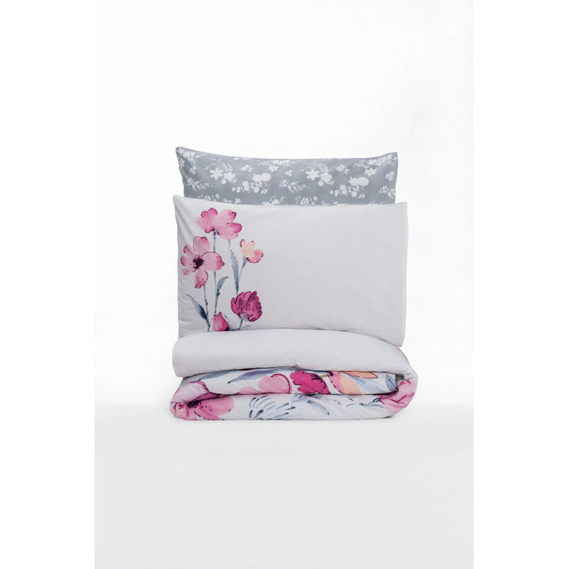 Soft 100% Cotton Ranforce Single Quilt Cover Set, Grey & White with Pink Accents, 55.1 x 78.7 inches | 145 Thread Count, Machine Washable | Envelope & Button Closure, Stylish & Comfortable Bedding for Any Room