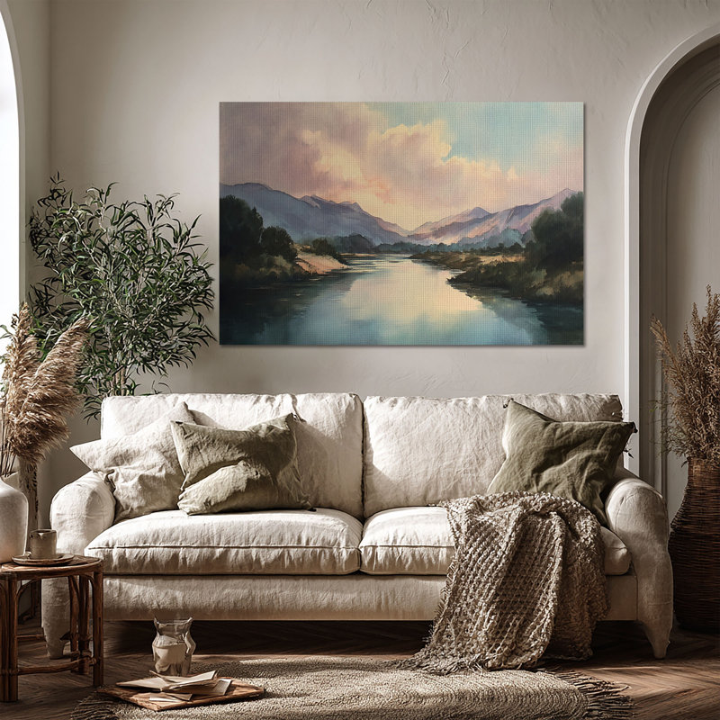 Art mural en toile tendue Soft Sunset River - Décoration de salon, de chambre à coucher ou de bureau, L 60 po x H 40 po