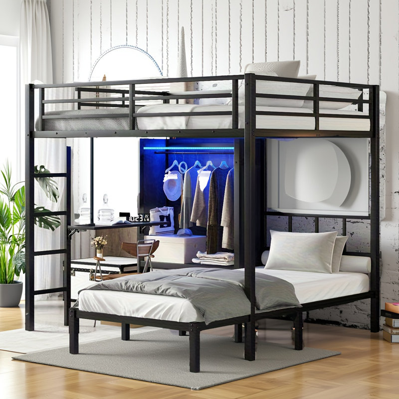Lit double superposé au-dessus d'un lit simple en métal avec bureau pliant et garde-robe encastré à DEL, pour réduire le bruit et économiser de l'espace