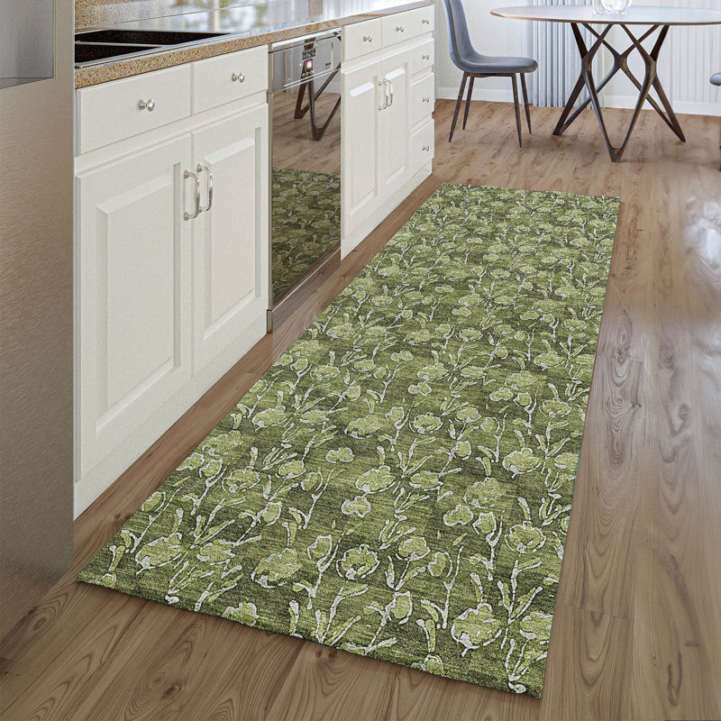 Premium Machine Washable Prisco Olive Rug, Runner 2'3" x 7'6"