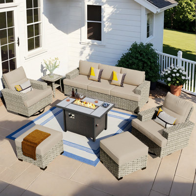 Dzion Outdoor Wicker 5 Person Seating Group With Cushions And Ottomans