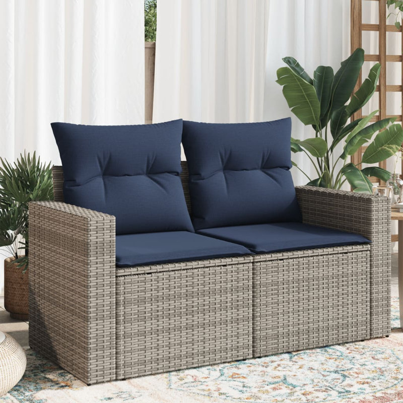 Ebern Designs Patio Sofa With Cushions 2-Seater Black Poly Rattan