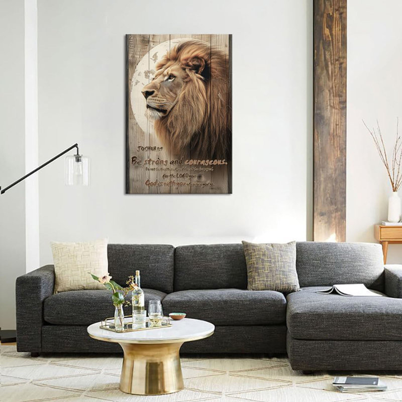 Pont, inspiration, bureau, art mural, rétro, fond en bois, tête de lion, peinture sur toile, décoration intérieure moderne, être fort et courageux, encadré 24 po x 36 po