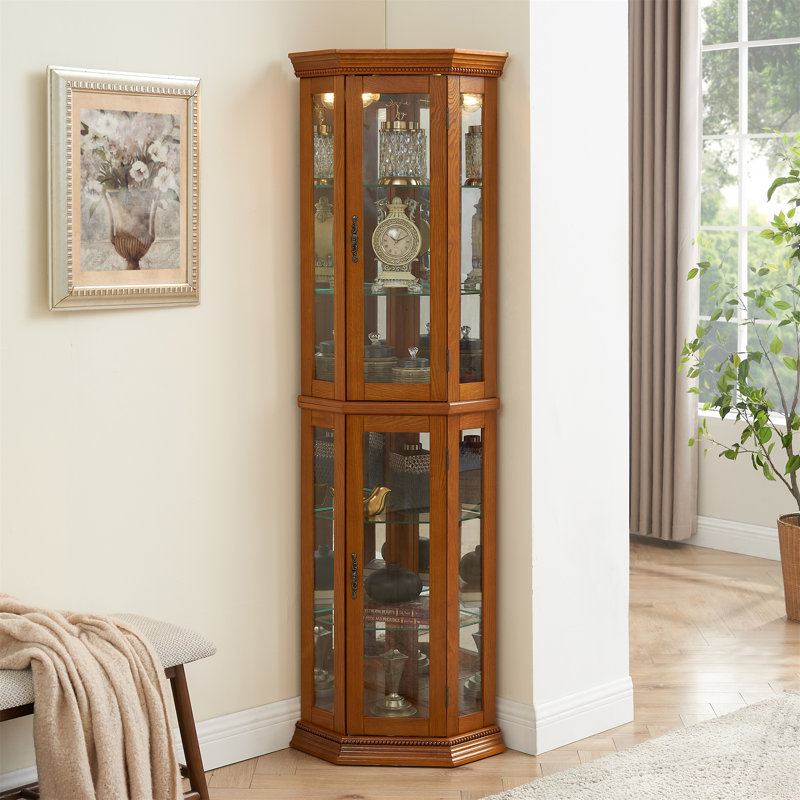 Corner Curio Cabinet With Lights, Oak