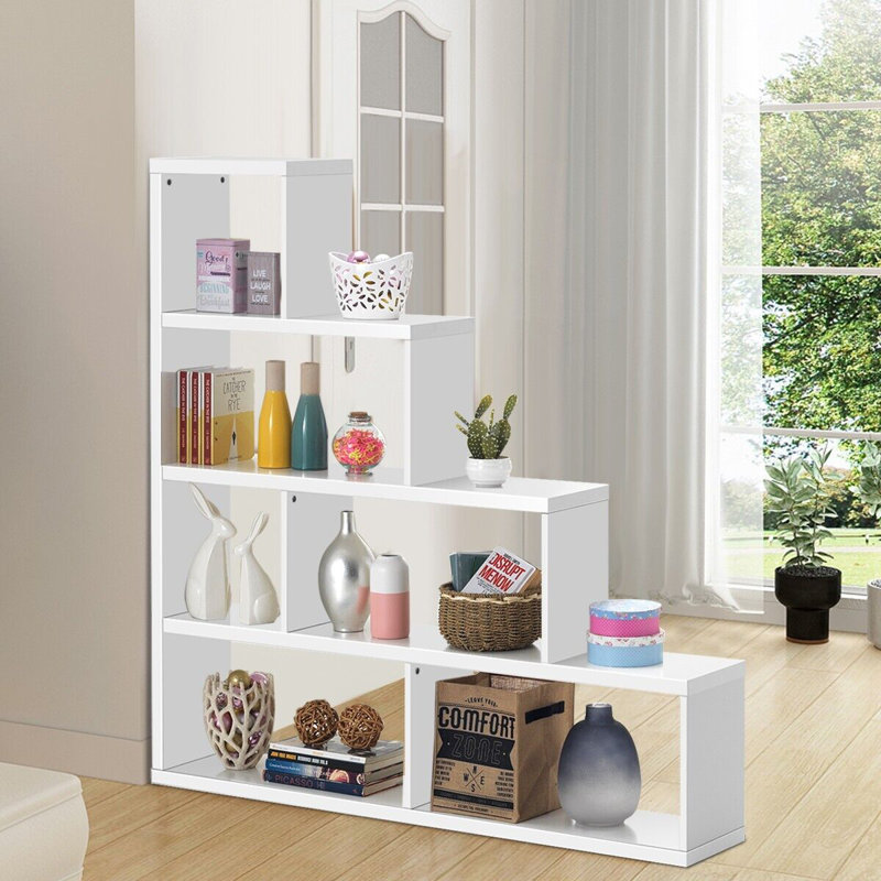 Wooden 6 Cube Ladder Bookcase 5 Tier L-Shaped Corner Bookshelf Freestanding Display Shelf