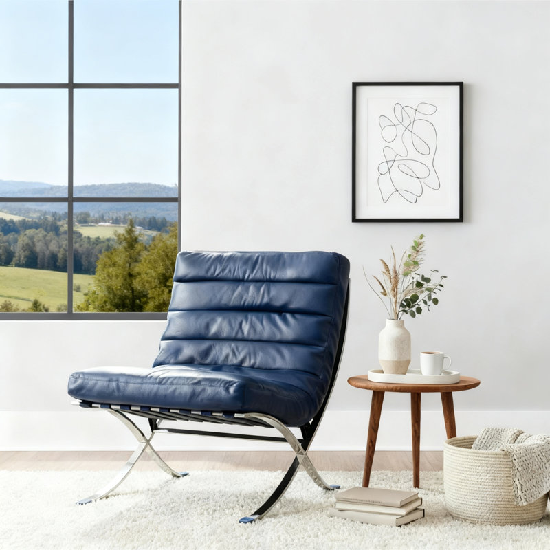 Modern Leather Lounge Chair with Sleek Stainless Steel Frame, Blue 