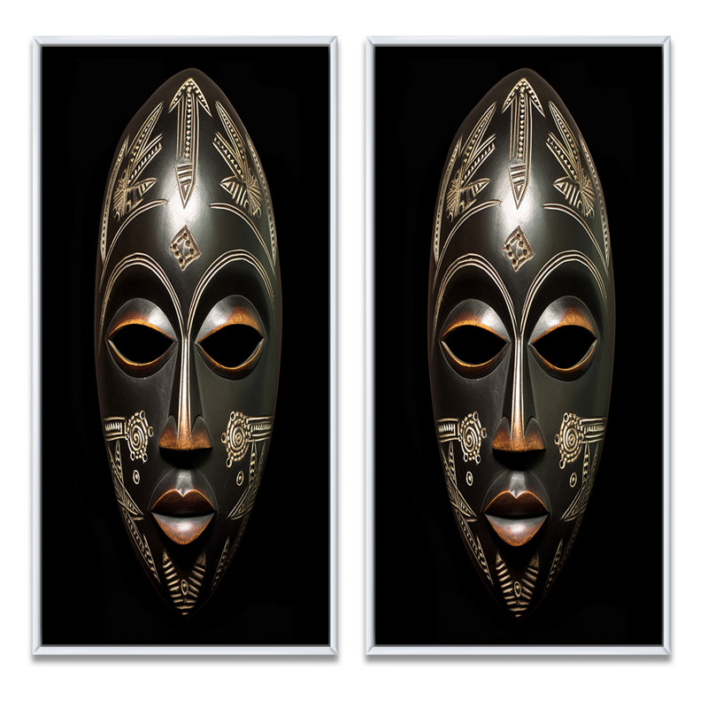 «Ethnical Traditional African Mask» - ensemble d'art mural tribal africain de 2 pièces, Cadre blanc, H 24 po x l 20 po