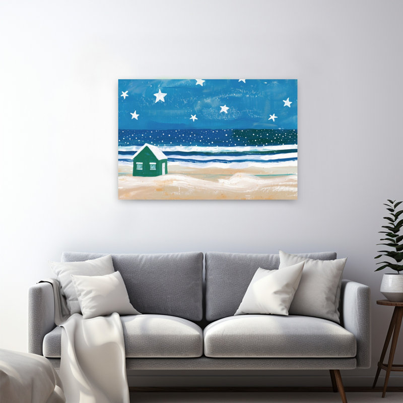 «Snowy Starry Beach House Dreamy Peaceful Serene Coastal», reproduction d'art, H 32 po x l 48 po