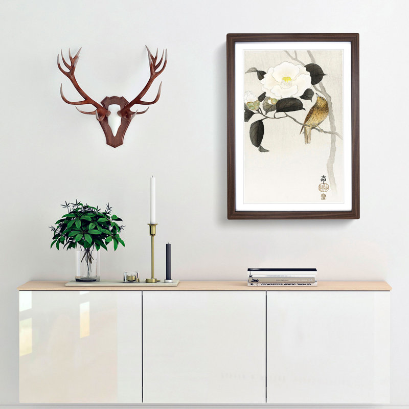Songbird & Flowering Camellia by Ohara Koson - Framed Print, Walnut Framed, 36cm H x 27cm W x 2cm D