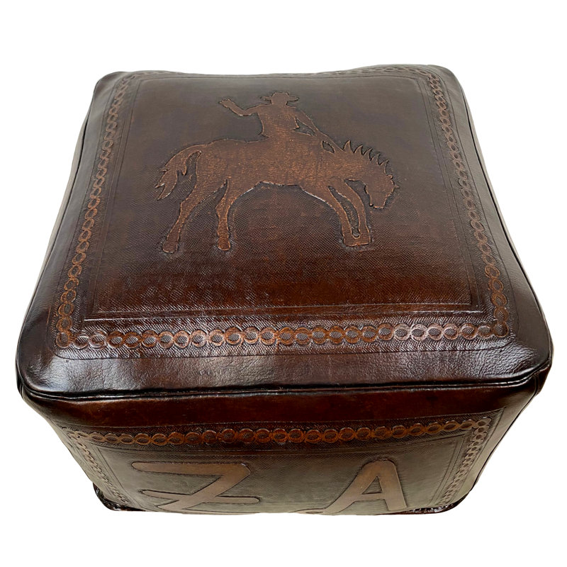 Upholstered Pouf, Antique Brown Genuine Leather