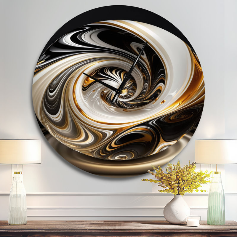 Gold And Black Stained Glass Spiral II - Modern Oversized Metal Wall Clock, Oversized