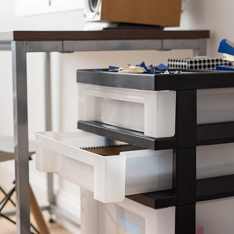 Plastic Drawer Storage Organizer Rolling Cart, with Wheels Casters, 4-Drawers, Top Organizer for Small Parts(Black/Pearl)