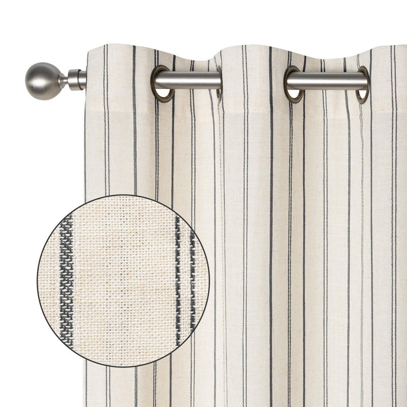 Farmhouse Linen Blend Stripe Semi-Sheer Grommets Curtain Pair, 52" W x 96" L, Black