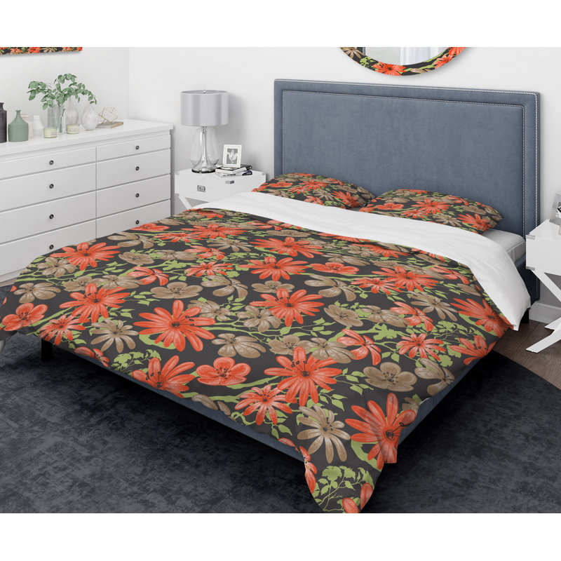 Ensemble de housse de couette designart fleurs avec branches d’arrière-plan, Housse de couette grand + 2 taies décoratives