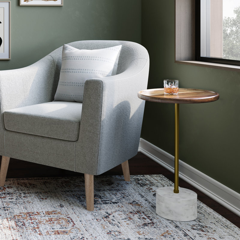 Becker 15"W Solid Acacia Wood Modern Round Side Table with Antique Brass Stem and Marble Base