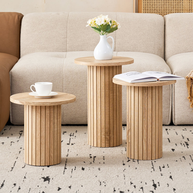 3-Piece Modern Round Nesting Table Set, Groove Line Cylinder Bases with Wood-Grain Veneer, Natural