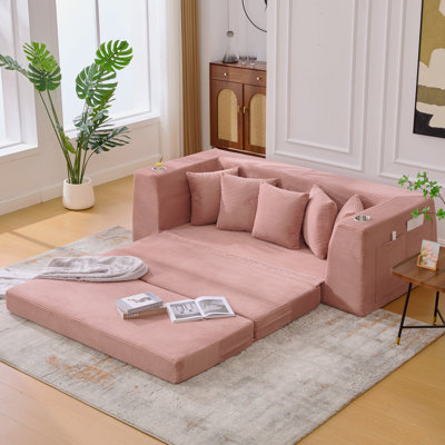 Lit Boneless de 82,25 po, canapé-lit, canapé 2 en 1, canapé-lit en velours côtelé, 5 coussins, poche latérale, deux porte-gobelets, accoudoirs larges, canapé convertible