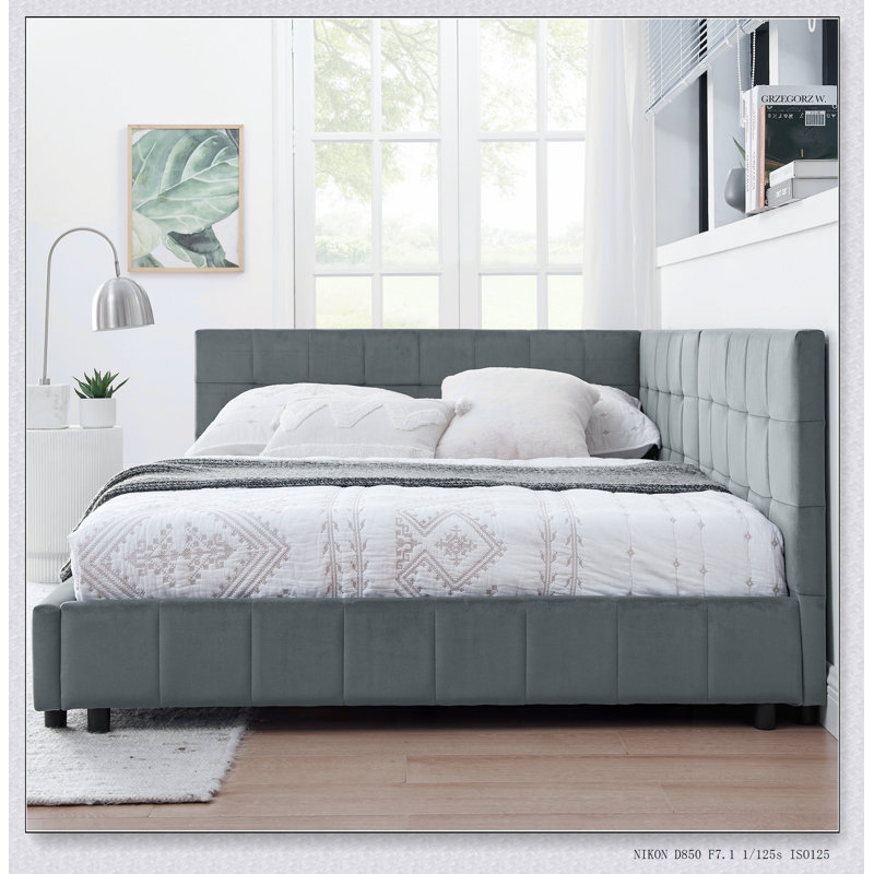 Upholstered Tufted Bed Frame, Sofa Bed Frame With Backrest And Armrests, Grey